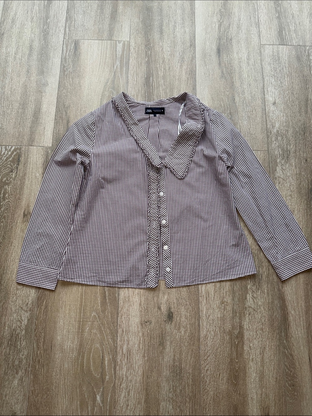 Zara Woman’s Brown & White Gingham Button-Down Shirt - Size Medium